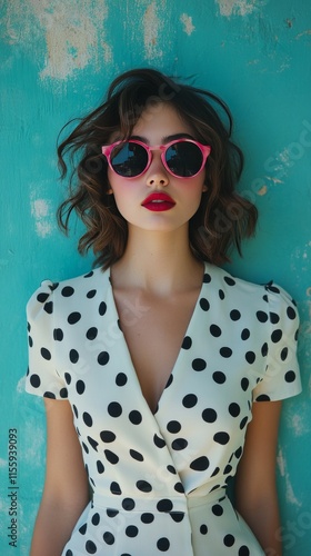 Young woman in polka dot dress poses with pink sunglasses against vibrant blu...