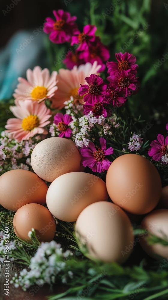 Flowers and eggs create a vibrant display on a soft cloth in a rustic setting Flowers and eggs create a vibrant display on a soft cloth in a rustic setting