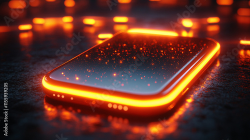 glowing smartphone screen casts vibrant light on a dark surface, symbolizing modern connectivity, isolation, and the allure of technology. Empty space beside hints at untold stories or chaos photo