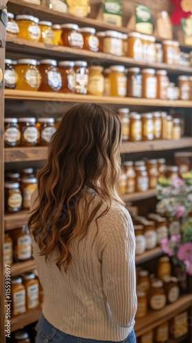 Young woman smiles in rustic shop surrounded by jars of honey and preserves