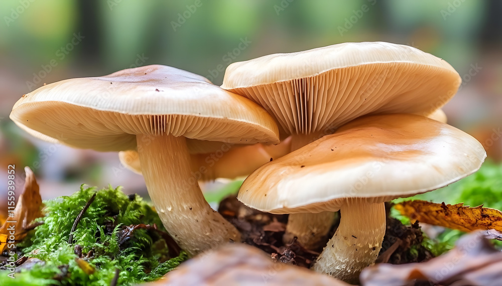 Close-up of three mushrooms growing on moss in an autumn forest Close-up of three mushrooms growing on moss in an autumn forest