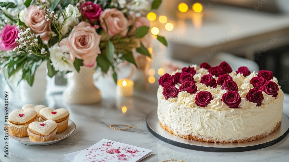 Naklejka premium A minimalistic Valentine's Day setup featuring heart-shaped cookies, an elegant cake with roses, candles, flowers, and handmade cards on a marble countertop