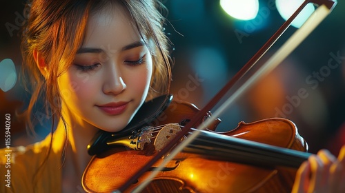 Young woman playing violin in a serene setting during a musical performance