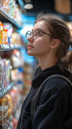 Young woman exploring grocery aisle with curiosity in a bright store setting