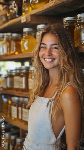Young woman smiles in rustic shop surrounded by jars of honey and preserves