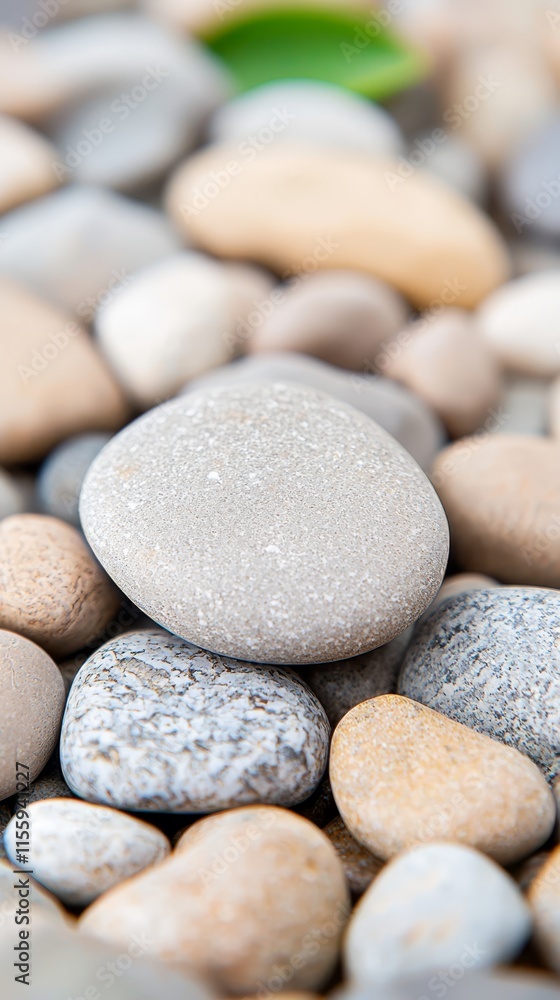 A pile of pebbles with a green leaf on top of them A pile of pebbles with a green leaf on top of them