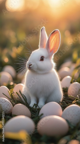 White rabbit surrounded by colorful eggs in a sunny meadow during springtime