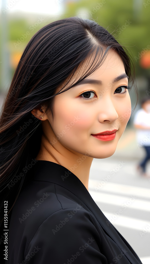 Beautiful brunette girl in move with a perfectly smooth hair, and classic make-up. Beauty face, asian style, with white tones Beautiful brunette girl in move with a perfectly smooth hair, and classic make-up. Beauty face, asian style, with white tones