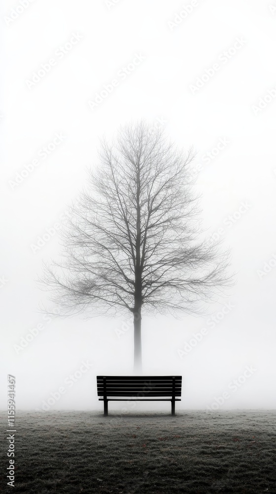 A lone tree sitting in the middle of a foggy field A lone tree sitting in the middle of a foggy field