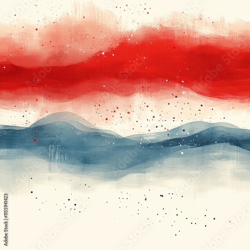 Painting of a mountain range with a red, white, and blue background