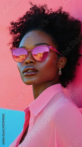 Young woman with curly hair wearing pink sunglasses posing for a casual snaps...