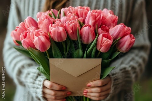 Celebration of love with a bouquet of pink tulips and an envelope