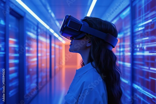 Woman exploring virtual reality in a hospital hallway during a technology dem...