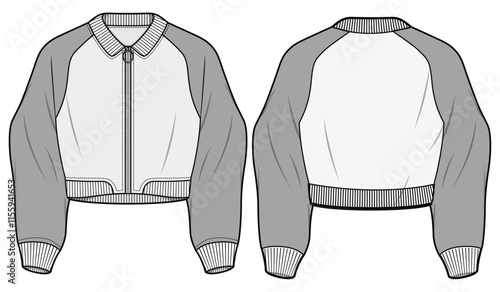 Raglan Sleeve Crop Jacket Bomber Jacket Front and Back View. Fashion Illustration, Vector, CAD, Technical Drawing, Flat Drawing, Template, Mockup.