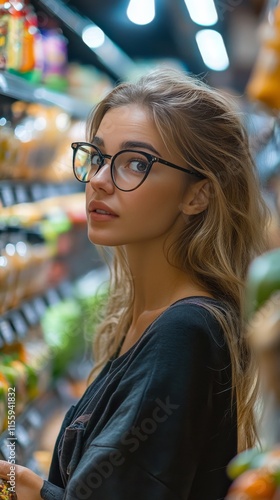 Young woman exploring grocery aisle with curiosity in a bright store setting
