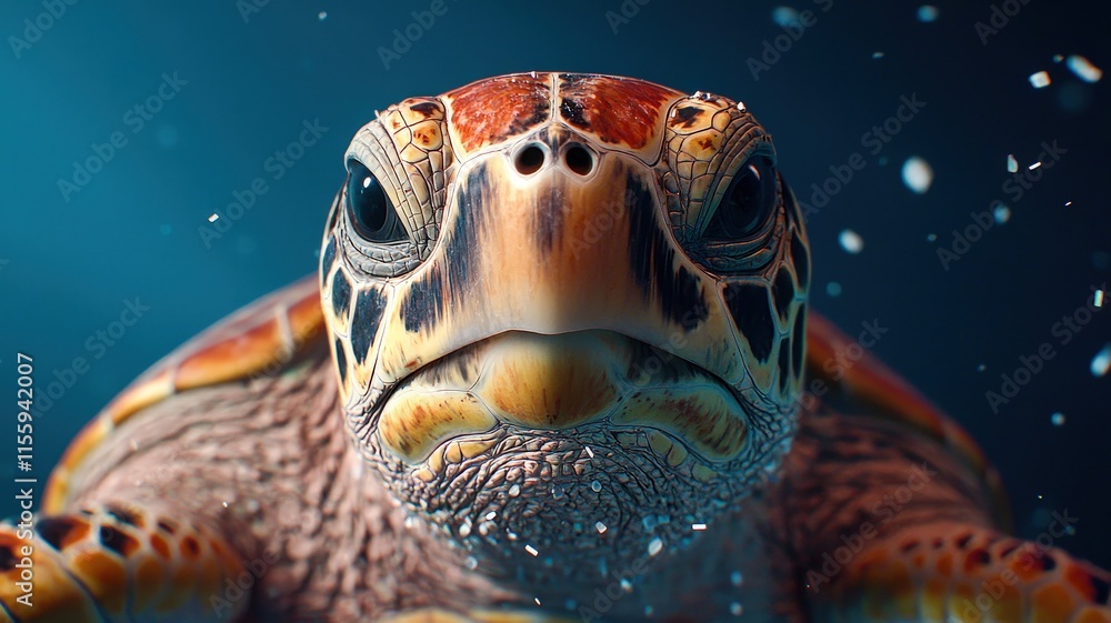 Fototapeta premium A vibrant close-up of a sea turtle swimming through microplastic on water, showcasing contamination and pollution