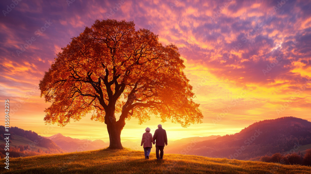 Fototapeta premium A couple enjoys a romantic sunset walk under a vibrant autumn tree in nature.