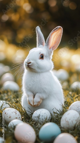 White rabbit surrounded by colorful eggs in a sunny meadow during springtime