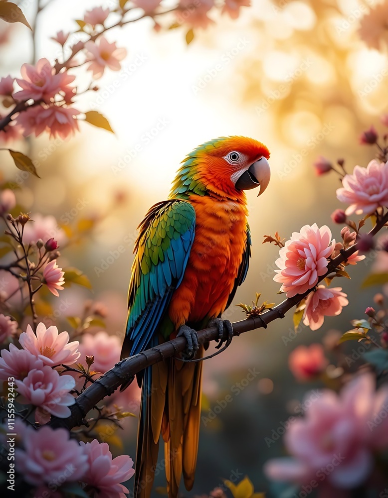 Colorful Macaw Perched Amongst Delicate Pink Blossoms Colorful Macaw Perched Amongst Delicate Pink Blossoms