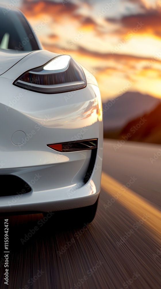 Fototapeta premium A white sports car driving down a road at sunset