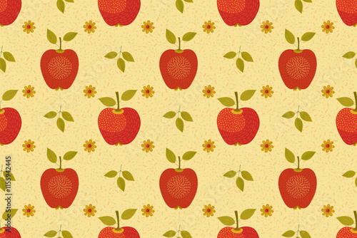 Seamless vector pattern with textured red apples and flowers on a yellow background. Hand drawn pattern for prints, textiles, wallpapers and other graphic designs.
