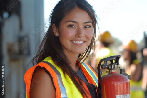 Young woman wearing safety vest poses with fire extinguisher in industrial se...