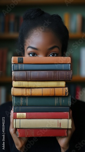 Young woman holding colorful books in front of her face against pastel backgr...