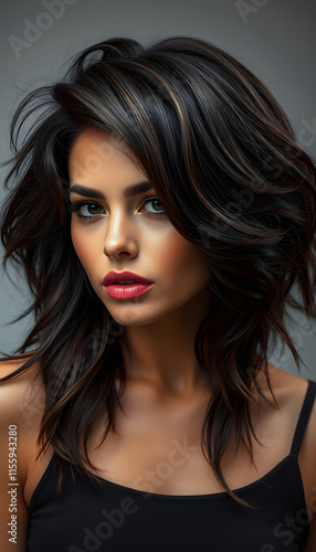 Portrait of a beautiful woman with stylish hairstyle and red lipstick