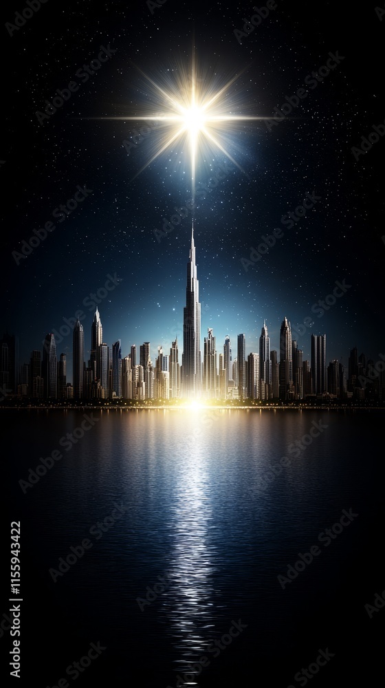 Fototapeta premium A city skyline at night with a star in the sky