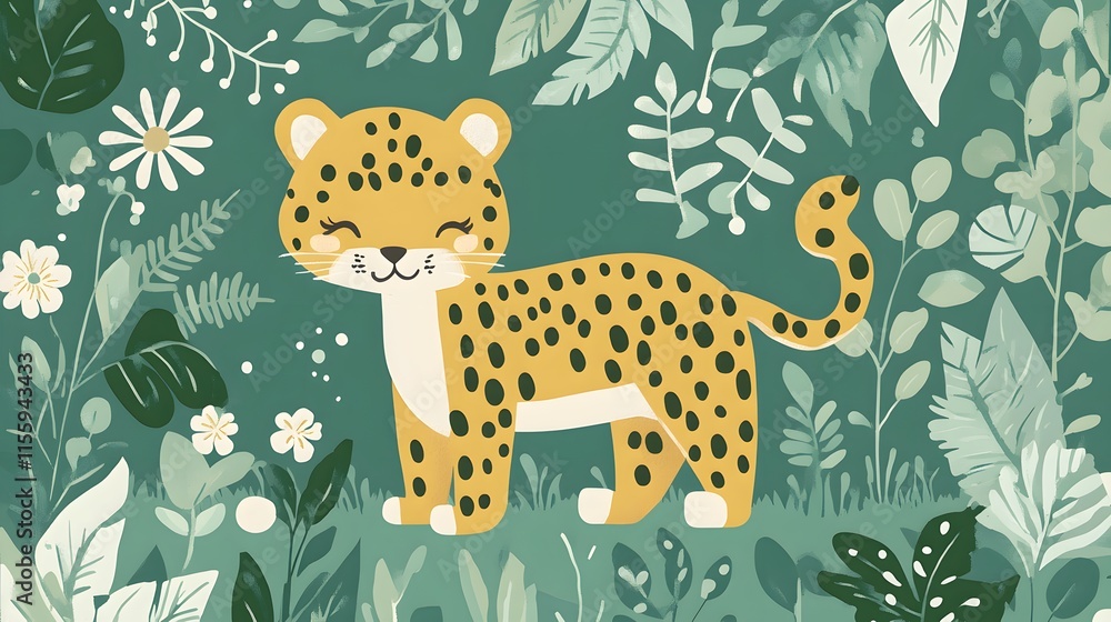 Cute Cheetah Cub Tropical Floral Green Background Illustration Cute Cheetah Cub Tropical Floral Green Background Illustration