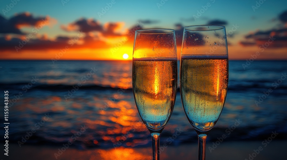 Two sparkling glasses are clinking together against a vibrant sunset backdrop at the beach, creating a festive atmosphere with ocean waves gently lapping nearby Two sparkling glasses are clinking together against a vibrant sunset backdrop at the beach, creating a festive atmosphere with ocean waves gently lapping nearby