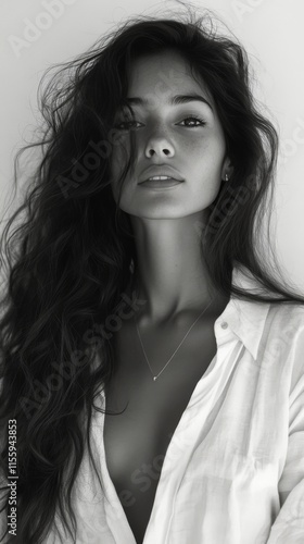 Young woman with long dark hair posing against a neutral background in casual...