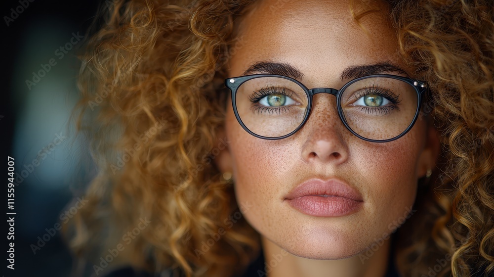 Obraz premium A woman with curly hair wearing glasses looking at the camera