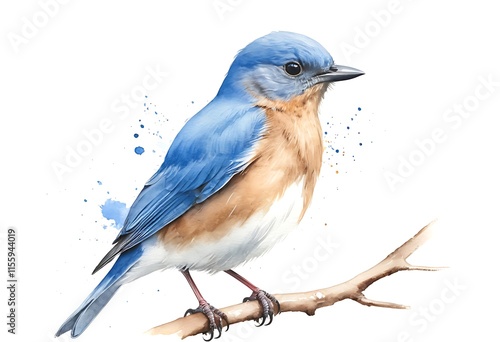 Watercolor Illustration of a Bluebird Perched on a Branch. A detailed watercolor painting of a bluebird perched on a twig against a white background