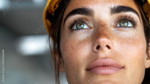 A woman wearing a yellow hard hat looking up at the sky