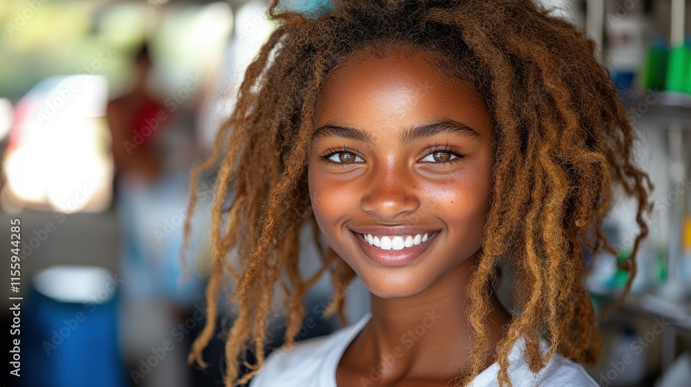 A happy young girl with vibrant, tangled hair smiles warmly at the camera in a relaxed environment filled with soft light. The atmosphere conveys joy and innocence A happy young girl with vibrant, tangled hair smiles warmly at the camera in a relaxed environment filled with soft light. The atmosphere conveys joy and innocence