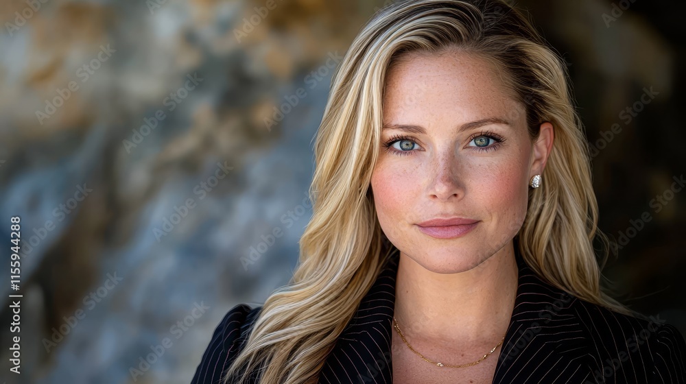 A woman with long blonde hair wearing a black suit