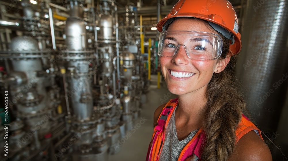 A young woman, equipped with safety goggles and a hard hat, stands confidently in an industrial facility surrounded by intricate machinery. She displays a bright smile and professionalism A young woman, equipped with safety goggles and a hard hat, stands confidently in an industrial facility surrounded by intricate machinery. She displays a bright smile and professionalism
