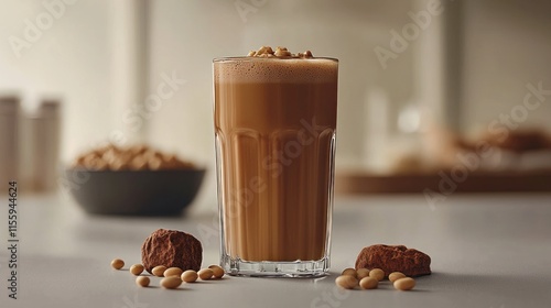 Glass of soy milk protein shake with soybeans and truffles. photo