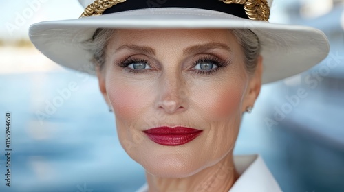 A woman wearing a white hat and red lipstick