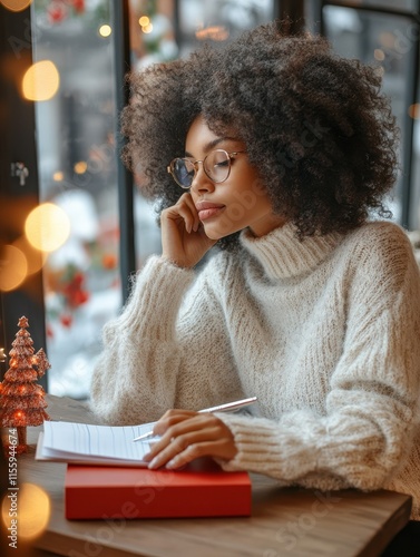 Studying, winter time, holidays concept. Satisfied thoughtful woman with Afro hair writes down notes in red notepad, makes list to do before Christmas eve, prepares for coming fest, poses over deskto photo