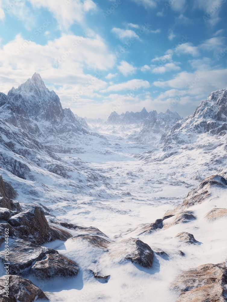 Obraz premium A wide shot of a snowy mountain range with a blue sky.