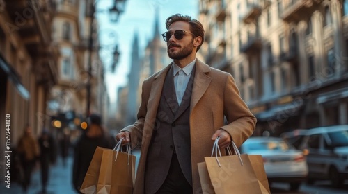 Stylish man carrying shopping bags on a busy city street during rainy afternoon