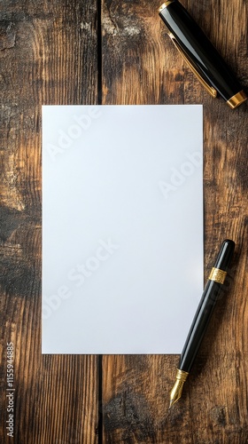 Elegant writing setup on wooden table with a blank page and fountain pen