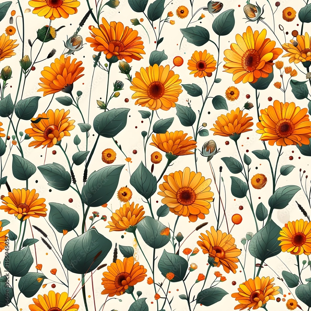 Artistic Calendula Seamless Background with Cheerful and Vibrant Appeal Artistic Calendula Seamless Background with Cheerful and Vibrant Appeal