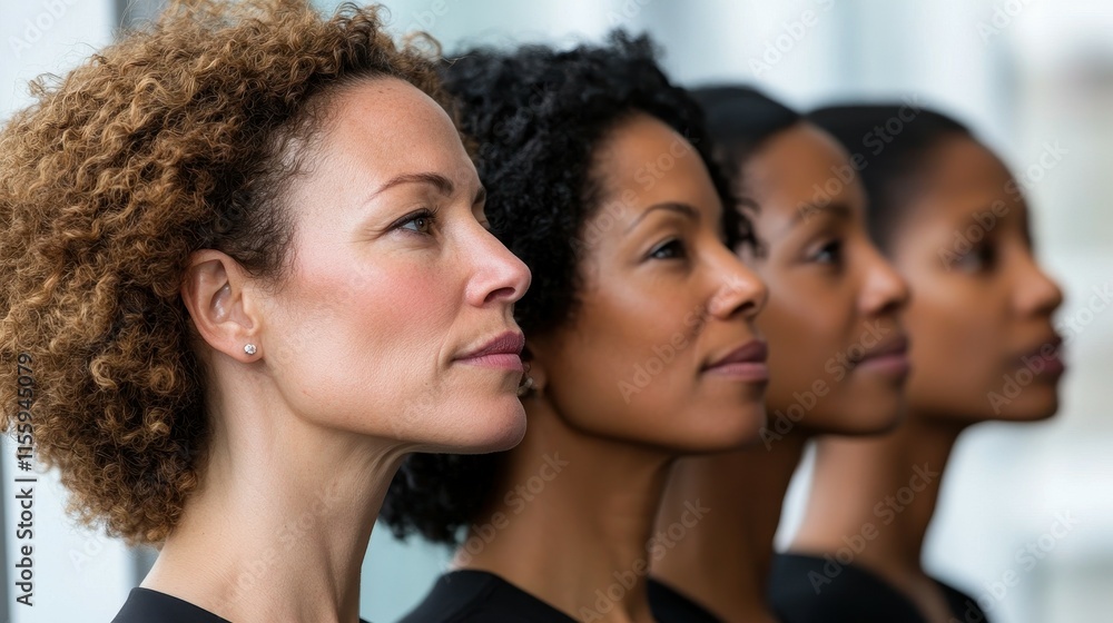 Four women with distinct hairstyles and features stand in profile, showcasing unity and diversity in a contemporary environment filled with light Four women with distinct hairstyles and features stand in profile, showcasing unity and diversity in a contemporary environment filled with light
