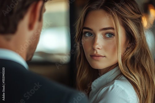 Wallpaper Mural Woman with striking blue eyes engaging in conversation in an elegant indoor setting Torontodigital.ca