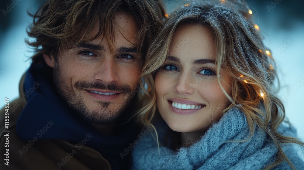 A cheerful couple poses closely in a snowy forest setting. They share bright smiles while holiday lights twinkle in the woman's hair, creating a warm atmosphere A cheerful couple poses closely in a snowy forest setting. They share bright smiles while holiday lights twinkle in the woman's hair, creating a warm atmosphere