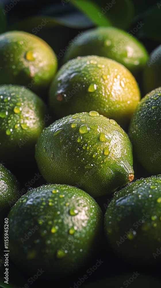 Freshly picked limes with water droplets on vibrant green surface in natural light Freshly picked limes with water droplets on vibrant green surface in natural light