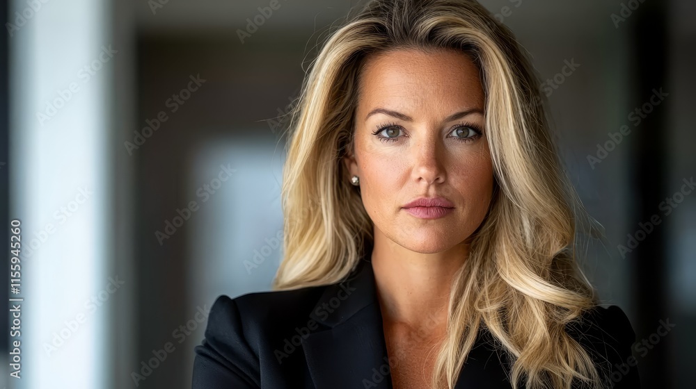 A woman with long blonde hair wearing a black suit A woman with long blonde hair wearing a black suit